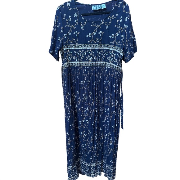 M.P.H. Dresses & Skirts - VTG MPH Navy Blue Floral Beaded Rayon Empire Waist Midi Dress Womens Small India